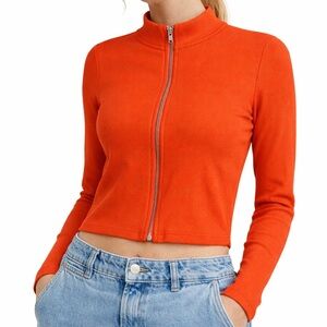 Orange Ribbed Zip-Up Crop Turtle Neck Top | Fitted Long Sleeve | Stretchy | Y2K